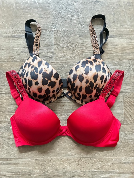 Victoria's Secret Other - Victoria Secret 2 Satin Bombshell Plunge Bras Leopard Print Logo Shine Strap